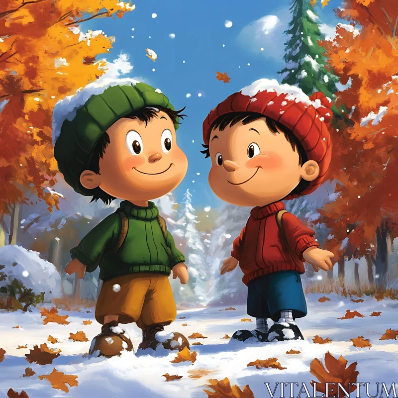 Happy Kids Enjoying Autumn Snow in Forest AI Image