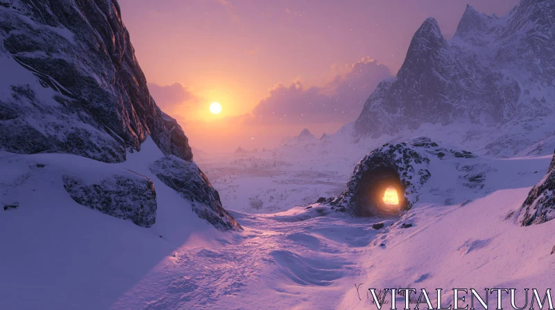 Snow-Covered Mountains at Sunset with Lit Cave AI Image