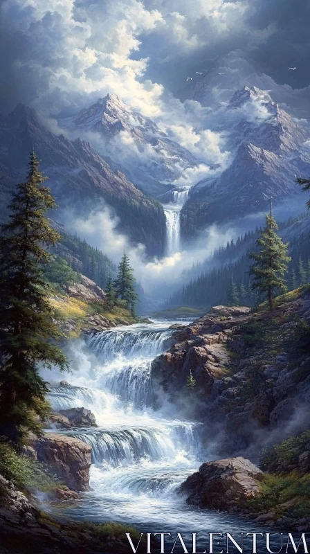 Majestic Mountain Scenery with Waterfalls and Forest AI Image