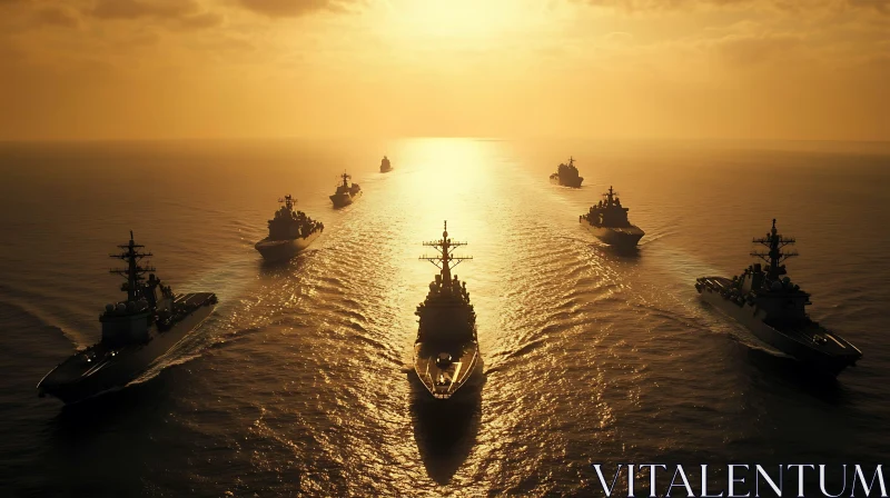 Fleet of Navy Ships at Sunset AI Image