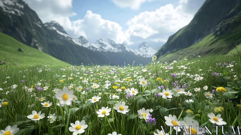 Scenic Alpine Landscape with Blooming Wildflowers AI Image