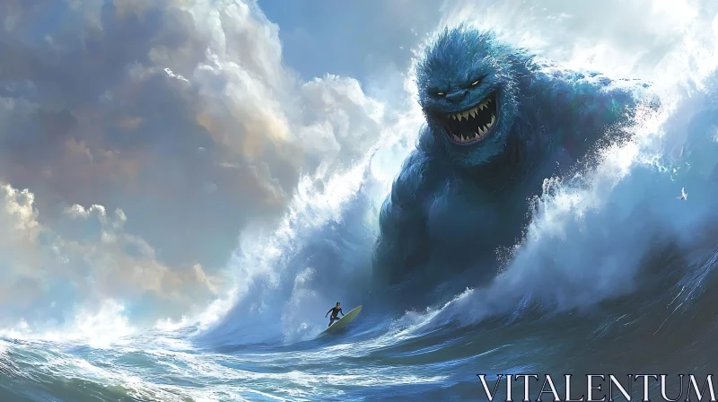 Surfer Facing Massive Sea Creature on Gigantic Wave AI Image