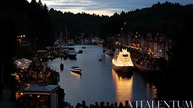 Nighttime Waterfront Celebration with Dragon Boat AI Image