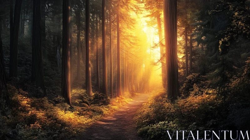 Golden Sunlight in Beautiful Forest AI Image