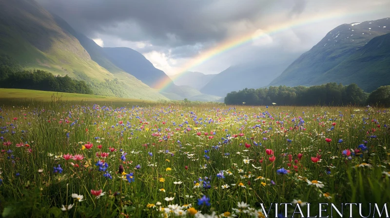 AI ART Picturesque Field of Flowers with Rainbow and Mountains