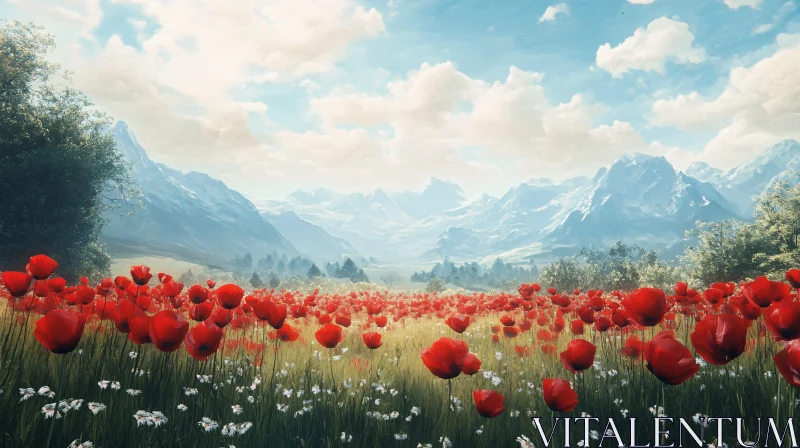 Picturesque Field of Poppies Against Mountain Vista AI Image