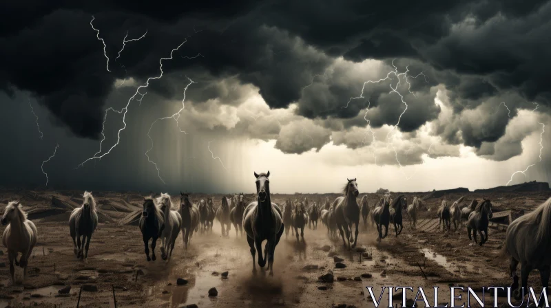 Stormy Resilience: Horses Amidst the Apocalypse Landscape AI Image