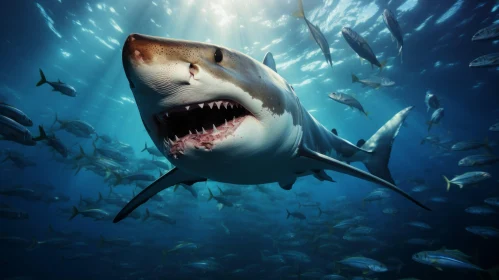White Shark Amidst Fish in Photorealistic Style