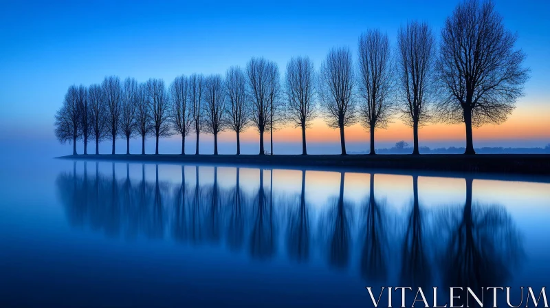 Sunrise Reflections of Bare Trees in Calm Waters AI Image