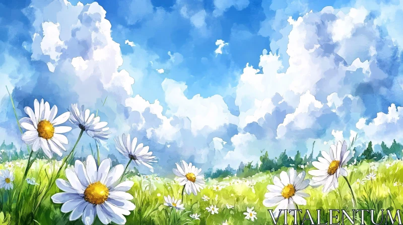 Peaceful Field of Daisies and Fluffy Clouds AI Image