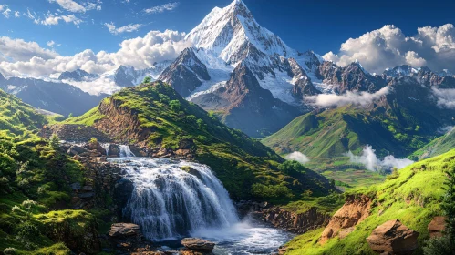 Majestic Mountain Scenery with Waterfall