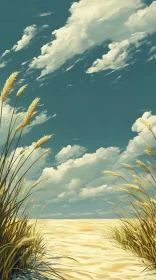 Golden Grasses in a Serene Field under Cloudy Sky