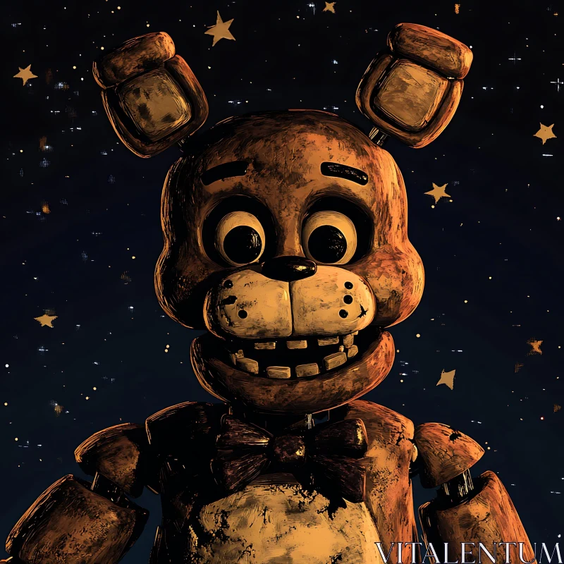 Rustic Animatronic Bear amid Starry Backdrop AI Image