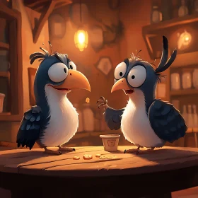 Animated Bird Conversation in a Tavern Setting