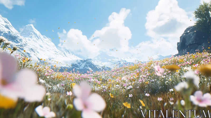 AI ART Mountain Field of Flowers Under Clear Sky