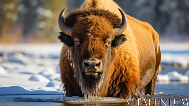 Bison in Snowy River: A Display of Raw Vulnerability and Strength AI Image