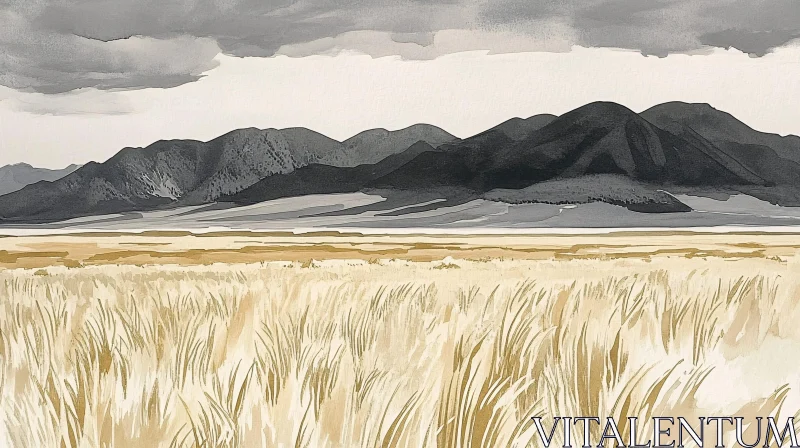 AI ART Shadowy Mountains and Golden Field Under Cloudy Sky