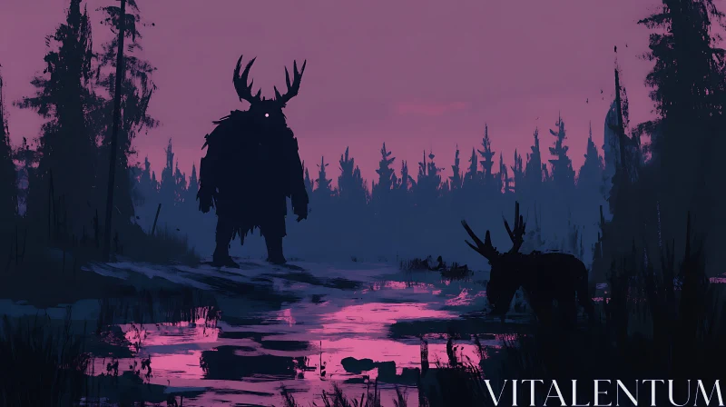 AI ART Eerie Forest Creature Silhouette near Water