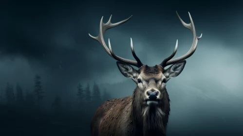 Enigmatic Deer in Forest under Stormy Skies - A Dark Romanticism Art Piece