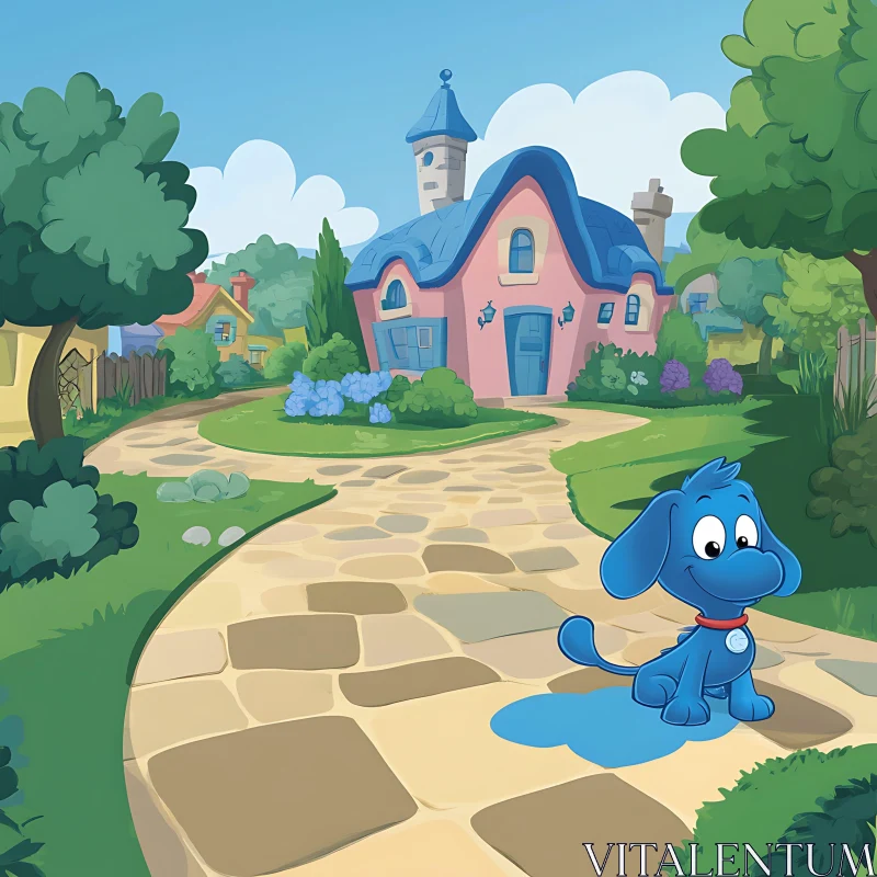 AI ART Blue Dog in a Cartoon Garden