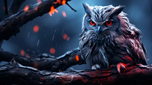 Fantasy Themed Owl in Rain - Charred and Intense