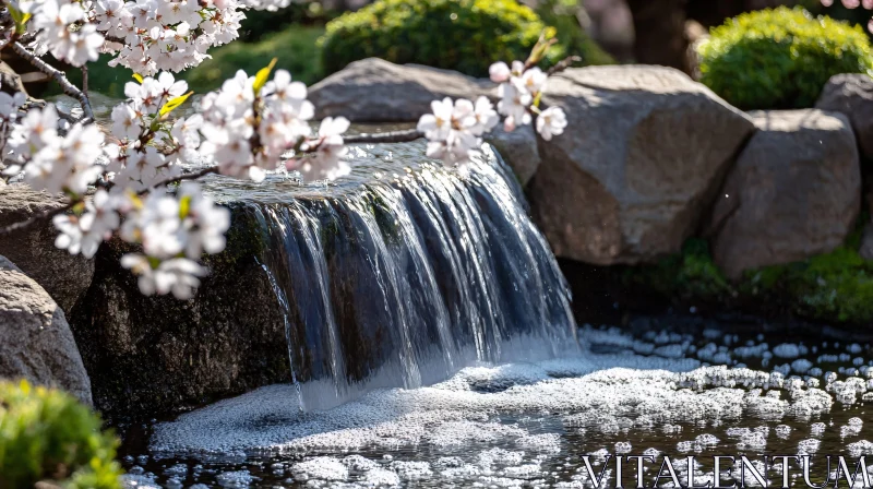 AI ART Serene Outdoor Waterfall with Spring Blossoms