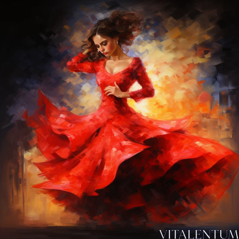Impressionist Art of Dancing Woman in Red Dress AI Image