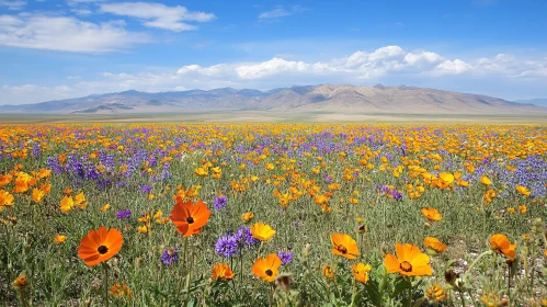 Vibrant Orange and Purple Wildflowers with Majestic Mountains