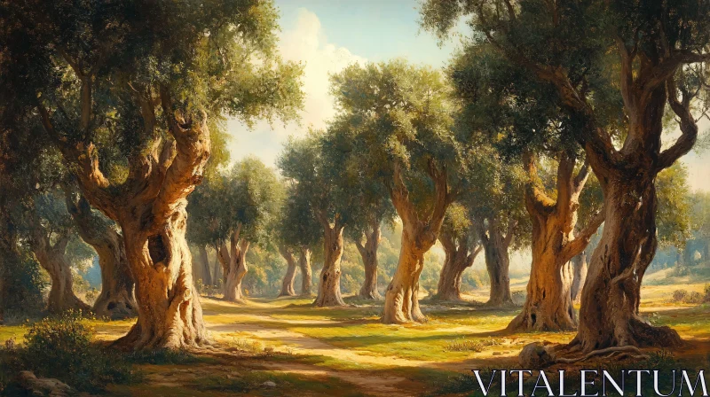 Serene Olive Tree Grove in Morning Light AI Image