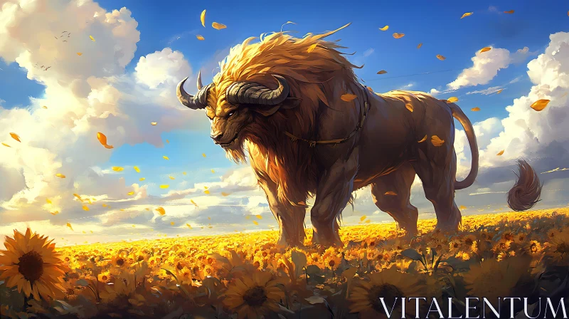 Gigantic Bull in a Sunflower Field AI Image