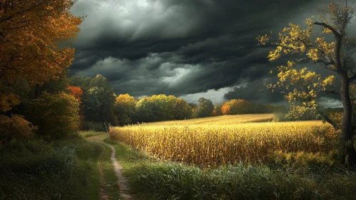 Storm Clouds Over Golden Cornfield and Winding Path