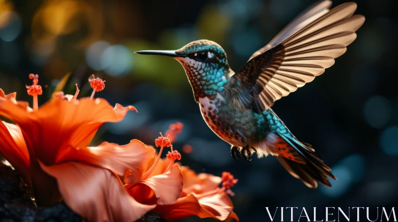 Colorful Hummingbird Hovering Over a Blooming Flower AI Image