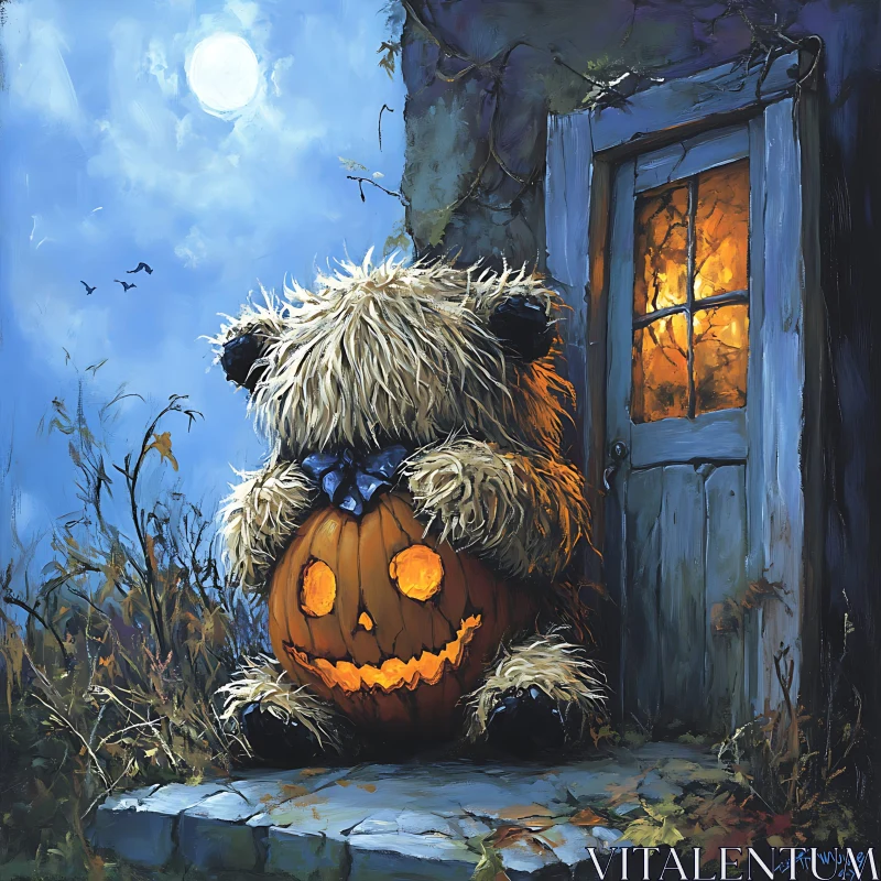 AI ART Spooky Halloween Scene with Teddy Bear and Glowing Pumpkin