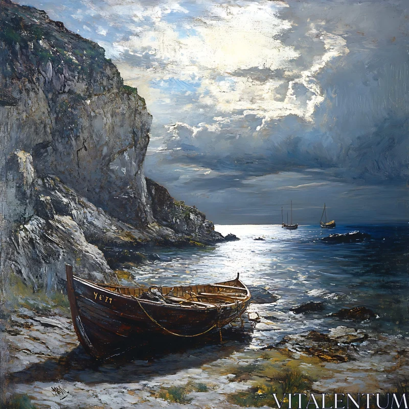 Tranquil Seascape with Boats and Cliffs at Sunset AI Image