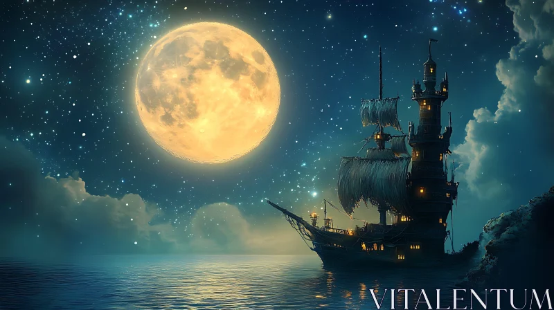 Moonlit Ocean Voyage with Stars and Clouds AI Image