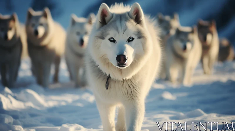 Husky Wolves in Snowy Mountain Landscape - A Joyful and Expressive Portrayal AI Image