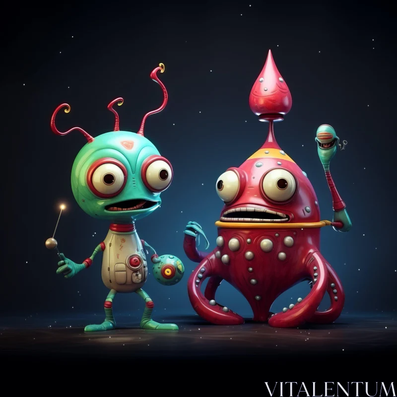 Surreal Steampunk Alien Cartoon Characters AI Image