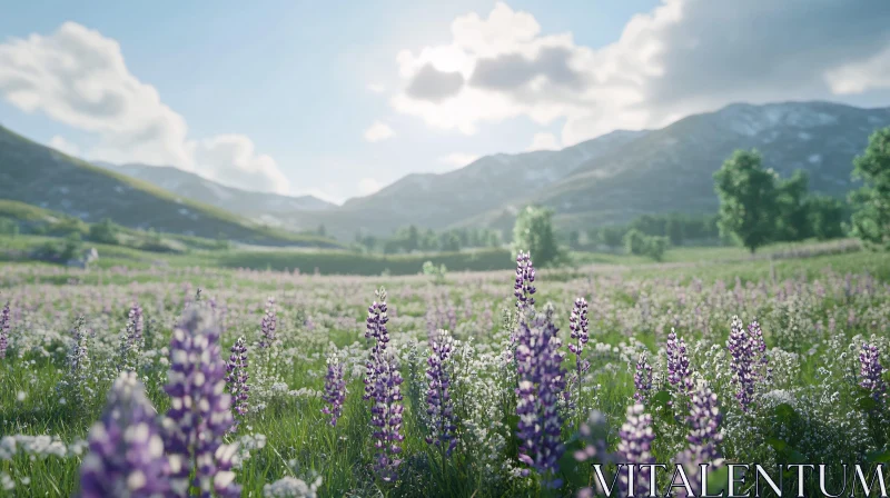 Scenic Meadow with Blooming Flowers and Mountain Backdrop AI Image