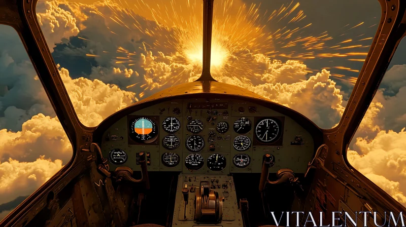 Airplane Cockpit with Explosive Sunset AI Image