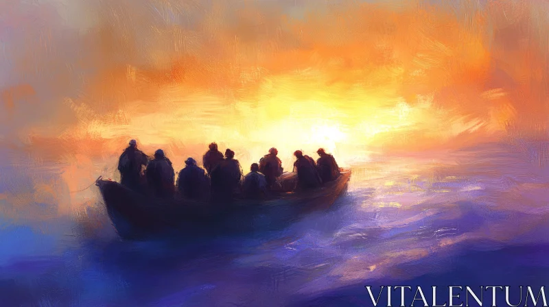 Serene Sunset Boat Painting AI Image