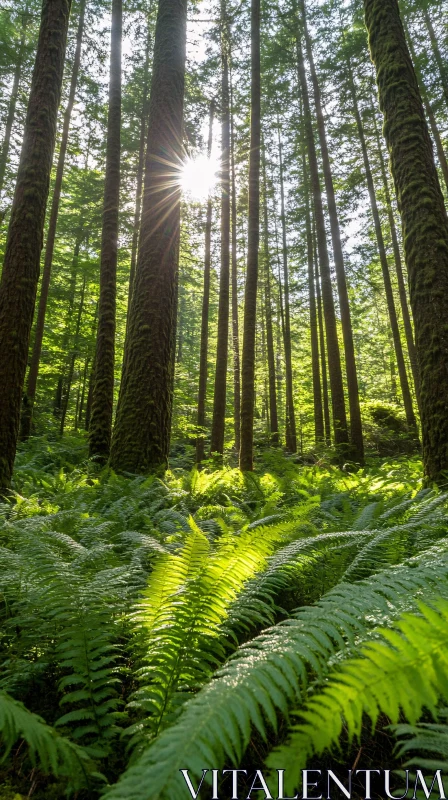 Sunlit Forest with Green Ferns AI Image