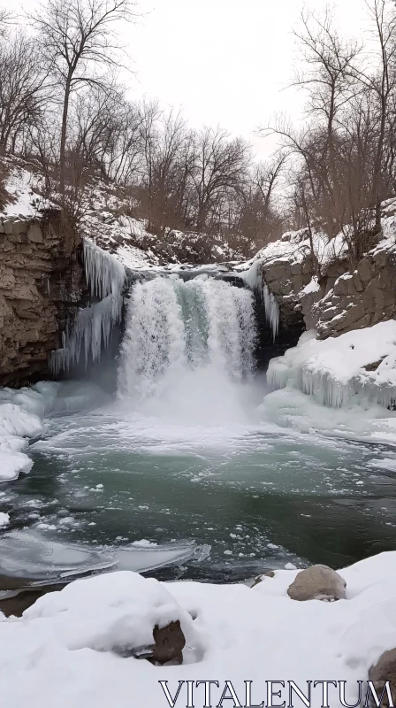 AI ART Frozen Waterfall in Snow-Covered Winter Scenery