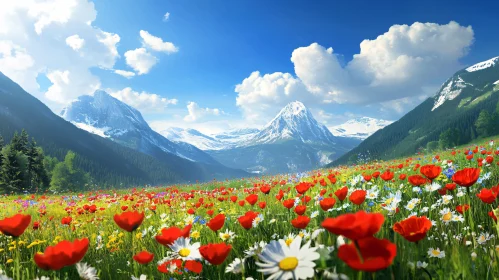 Vibrant Meadow and Snow-capped Mountains