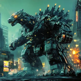 Giant Mecha Amid Explosions in Night City