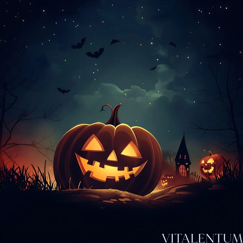 AI ART Halloween Night Scene with Pumpkins and Bats