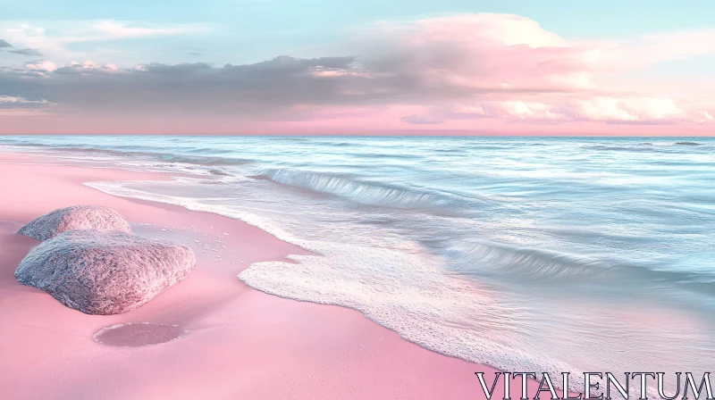 Serene Pink Beach with Gentle Waves and Pastel Clouds AI Image