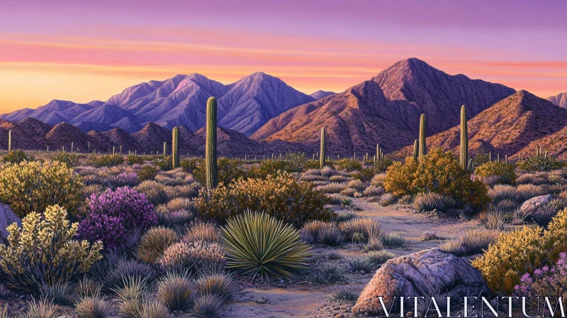 Sunset in the Desert: Mountains and Cacti AI Image