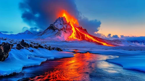 Volcano Eruption with Lava Flowing Through Snow