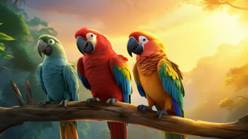 Colorful Parrots on Tree Branch in Evening Sky - Rendered in Cinema4D