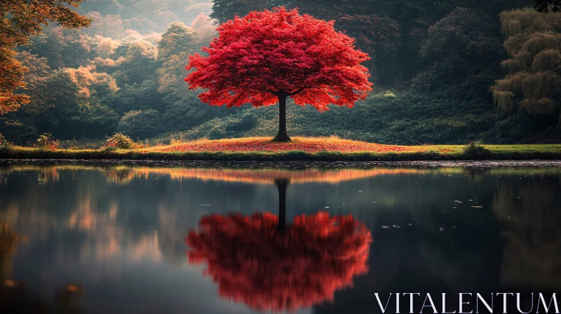 AI ART Autumnal Reflection of Red Tree in Tranquil Lake